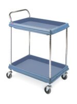 The Metro BC2636-2DMB Deep Ledge 2-Shelf Utility Cart with Microban, in blue, features metal poles, swiveling caster wheels, a handle, and raised shelf edges for security. This 26 x 36 cart is ideal for easy maneuvering.