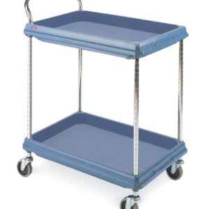 The Metro BC2636-2DMB Deep Ledge 2-Shelf Utility Cart with Microban, in blue, features metal poles, swiveling caster wheels, a handle, and raised shelf edges for security. This 26 x 36 cart is ideal for easy maneuvering.
