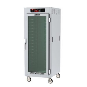 The Metro C589L-SFC-UPFSA C5 8 Series is a full-height, mobile warming cabinet with universal wire slides and a clear door, featuring a top digital control panel. Designed for industrial kitchens, it includes interior shelves, operates at 60Hz, and runs on 120V/1440W.