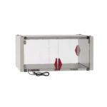 The Metro HS1836-EKIT Super Erecta Hot Enclosure Kit includes a stainless steel heated shelf, measuring 36.7 x 21.7 x 17.4, with two transparent sliding doors with red handles and a bottom control panel, designed for optimal performance on a 120V supply.
