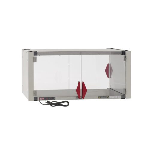 The Metro HS1836-EKIT Super Erecta Hot Enclosure Kit includes a stainless steel heated shelf, measuring 36.7 x 21.7 x 17.4, with two transparent sliding doors with red handles and a bottom control panel, designed for optimal performance on a 120V supply.