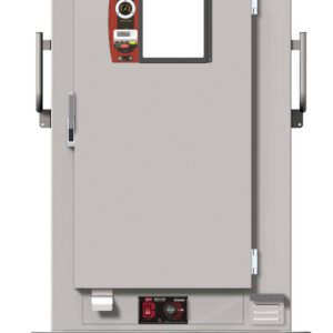 The Metro MBQ-90-QH One-Door Banquet Cabinet, featuring a Quad-Heat Thermal System, is gray, insulated, and on wheels. It includes a rectangular window, control panel with buttons and temperature gauge on top left, sturdy side handles, black base with large caster wheels; operates at 120V.