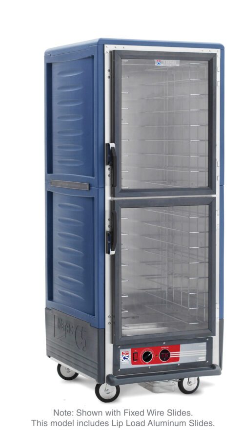 The Metro C539-HDC-L-BUA C5 3 Series is a full-height insulated holding cabinet featuring Dutch clear doors, Lip Load Aluminum Slides, metal shelves, and wheels. This 120V model has knobs on the control panel in its blue bottom section.