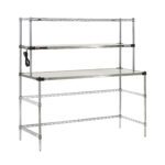 The Metro EZHS60W-KIT Super Erecta Hot Workstation offers a sleek design with a stainless steel heated shelf. Measuring 24 x 60 x 64, it includes two shelves, a spacious tabletop, and an integrated 120V electrical outlet strip, featuring a silver finish with black accents for added convenience.
