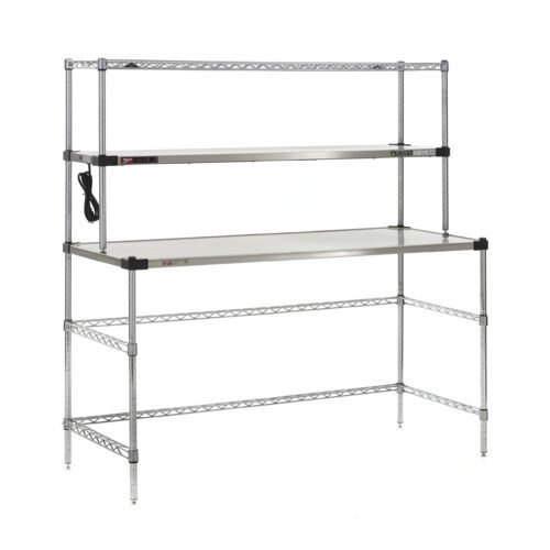 The Metro EZHS60W-KIT Super Erecta Hot Workstation offers a sleek design with a stainless steel heated shelf. Measuring 24 x 60 x 64, it includes two shelves, a spacious tabletop, and an integrated 120V electrical outlet strip, featuring a silver finish with black accents for added convenience.
