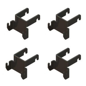 Arranged on a white background, the Metro SMR SmartLever Grid Bracket Attachment Hook Kit includes four identical black plastic clips. Each clip features a U-shaped design with small hooks at the ends, suitable for securing or mounting objects.