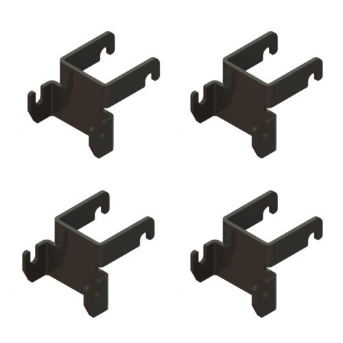 Arranged on a white background, the Metro SMR SmartLever Grid Bracket Attachment Hook Kit includes four identical black plastic clips. Each clip features a U-shaped design with small hooks at the ends, suitable for securing or mounting objects.