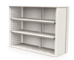 The Metro SXRDOH27P2N Starsys Overhead Cabinet is a white wall-mounted unit with two shelves and vertical sliding doors on either side, offering a sleek minimalist design, ideal for modern spaces.