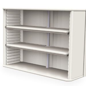 The Metro SXRDOH27P2N Starsys Overhead Cabinet is a white wall-mounted unit with two shelves and vertical sliding doors on either side, offering a sleek minimalist design, ideal for modern spaces.