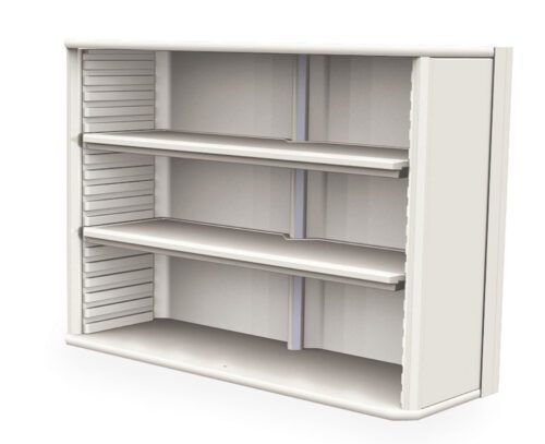 The Metro SXRDOH27P2N Starsys Overhead Cabinet is a white wall-mounted unit with two shelves and vertical sliding doors on either side, offering a sleek minimalist design, ideal for modern spaces.