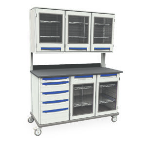 The Metro SXRT38MW14 Starsys Mobile Workcenter is a wheeled cart with blue-handled drawers and glass-front cabinets below, multiple glass-front cabinets above, all built on a sturdy metal frame with a black countertop.