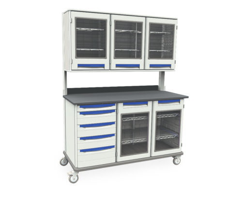 xwg6g3rmfqi1bjpwg6bgtklyfliy6bs3.jpg The Metro SXRT38MW14 Starsys Mobile Workcenter is a wheeled cart with blue-handled drawers and glass-front cabinets below, multiple glass-front cabinets above, all built on a sturdy metal frame with a black countertop.