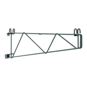 The Metro SWD24K3 SmartWall Double Shelf Support for 24 deep shelves features a triangular support structure and hooks on the top and right side, designed for wall mounting with a dark Metroseal Green Epoxy finish.