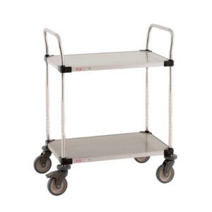 The Metro MW104L Super Erecta Lab Utility Cart features two stainless steel shelves, dimensions of 18 W x 30 L x 39.5 H, four wheels, and two curved handles, offering a simple and sturdy design for versatile use.