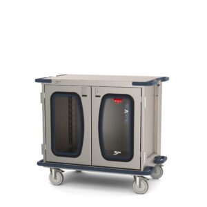The Metro CaseVue CV36LC-NB is a wheeled metal surgical case cart, sized 45.5W x 28D x 40.625H, featuring clear doors and navy blue handles. Ideal for industrial or medical use, it pairs sturdy construction with smooth-rolling casters and is labeled Casi Vie.