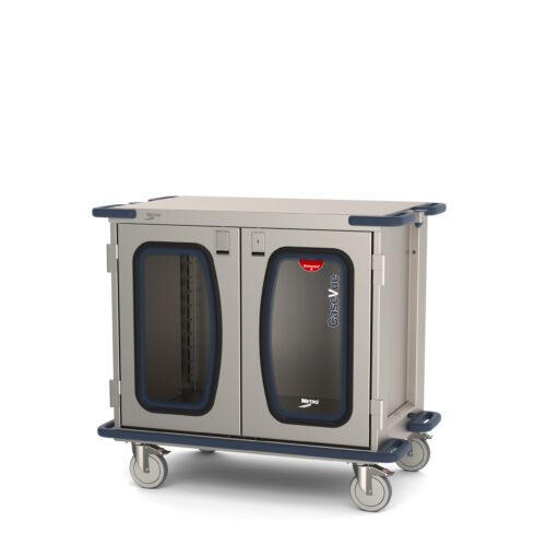 The Metro CaseVue CV36LC-NB is a wheeled metal surgical case cart, sized 45.5W x 28D x 40.625H, featuring clear doors and navy blue handles. Ideal for industrial or medical use, it pairs sturdy construction with smooth-rolling casters and is labeled Casi Vie.