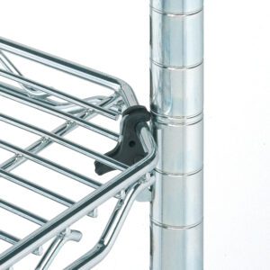 Close-up of a metal wire shelving unit with a chrome finish, featuring Metro 9985QSL qwikSLOT Locking Clips from a package of 4. The corner shows one shelf attached to an upright post secured with a black plastic clip, set against a plain white background.