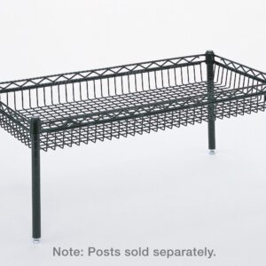The Metro DD3448B Super Erecta Wire Basket Shelf, measuring 14 x 48, is a sturdy black shelf featuring a raised border and four legs; posts are sold separately. It is set against a white background.