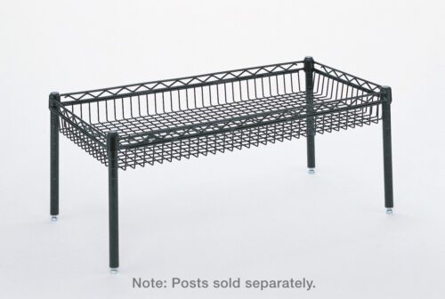 The Metro DD3448B Super Erecta Wire Basket Shelf, measuring 14 x 48, is a sturdy black shelf featuring a raised border and four legs; posts are sold separately. It is set against a white background.