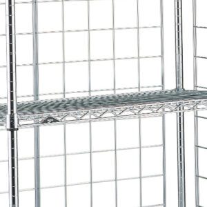 The Metro SLT2436NC Super Erecta Industrial Wire Slanted Transport Shelf, 24 x 36, features a metal wire grid design ideal for industrial storage and organization with two vertical side panels and one horizontal shelf.