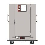 The Metro MBQ-144X-QHA Banquet Cabinet features a metal utility cart with a central door, rectangular window, and control panel. It includes a 220V Quad-Heat Thermal System and has four wheels on the base for easy mobility.