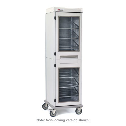 The Metro SXRS76MXD2 Starsys XD Extra Deep Mobile Supply Cabinet is a tall, stainless steel unit with four wheels, clear doors, and adjustable wire shelves. It features a single wide lower section with extra shelves and comes in a key locking version.