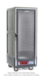 The Metro C539-HLFC-L-GY C5 3 Series Cabinet is a tall, gray unit on wheels with a full-length clear door. It has dual control knobs, an indicator light, and lip load aluminum slides for trays. Slide types are noted at the bottom. Powered by 120V, 60Hz, 1440W.