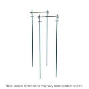 Against a white backdrop, a set of four vertical poles with crossbars forms a fan-like pattern, exuding minimalist elegance. The Metroseal Green Epoxy finish adorns the Metro TTA18K3 Top-Track Intermediate Unit Kit for 18 Super Erecta Shelving, with actual dimensions possibly differing from those shown.