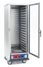 The Metro C519-CFC-L C5 1 Series Holding/Proofing Cabinet is a full-height stainless steel unit with a glass door, multiple horizontal shelves on lip load aluminum slides, bottom control panels with dials and switches, and wheels for easy mobility. It operates at 120V, 60Hz, and 2000W.