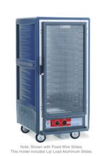 The Metro C537-HFC-L-BU C5 3 Series insulated holding cabinet features a 3/4 height, full-length clear door, and lip load aluminum slides. It comes in blue with wheels for mobility and offers ample interior shelving for optimal storage.