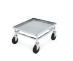 The Metro D2121C Cup & Glass Rack Dolly has a flat metal platform with a simple metallic frame and four black swivel casters, making it perfect for transporting heavy items with ease and maneuverability.