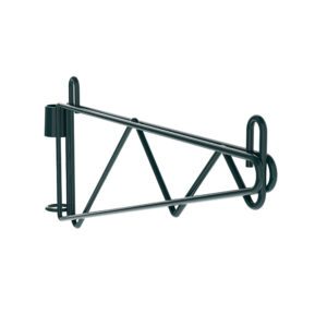 The Metro 1WS18K3 Super Erecta Post-Type Wall Mount Single Shelf Support for 18 wide shelves features a metal, megaphone-shaped design with a triangular wireframe and circular openings at both ends, finished in Metroseal Green Epoxy for a minimalist style.