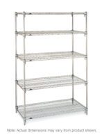 The Metro Super Adjustable Super Erecta 5A477C is a chrome shelving unit with five adjustable shelves and a sturdy frame, measuring 21 x 72 x 74. Its freestanding and open on all sides, making it ideal for storage. Note: Dimensions may vary from those shown.