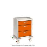 The Metro MBP0120TL Basix Plus Medical Cart boasts a sleek design with three vivid orange drawers and a durable white frame. It includes four caster wheels—two with brakes—for mobility and security. Additionally, it features a flat top surface and is labeled MB-OR.