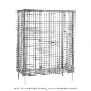 A large, rectangular metal wire cage with a latch door and sleek chrome finish is shown, elevated on four short legs with a front lock. A note mentions dimensions may vary from the Metro SEC53CQ qwikSLOT Stationary Security Shelving Unit, measuring 27.25 x 38.5 x 66.8125.