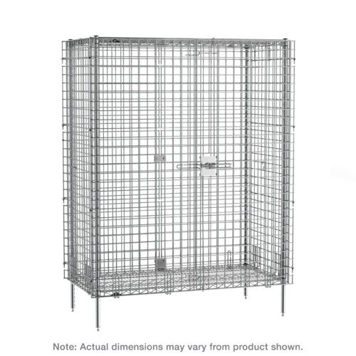 y9dxm9xxoxxs61r0qqmspclsqlszpurr.jpg A large, rectangular metal wire cage with a latch door and sleek chrome finish is shown, elevated on four short legs with a front lock. A note mentions dimensions may vary from the Metro SEC53CQ qwikSLOT Stationary Security Shelving Unit, measuring 27.25 x 38.5 x 66.8125.