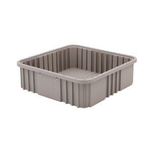 The Metro TB92050NAT Polypropylene Tote in Natural Gray, measuring 16.5 x 16.5 x 5, showcases ribbed sides and a square base. When viewed at an angle, its open top reveals a spacious interior.