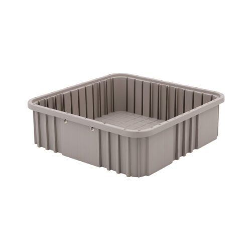 The Metro TB92050NAT Polypropylene Tote in Natural Gray, measuring 16.5 x 16.5 x 5, showcases ribbed sides and a square base. When viewed at an angle, its open top reveals a spacious interior.