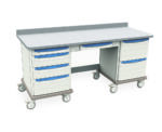 The Metro SXRK32MW5 Starsys Mobile Workcenter has a gray countertop and two sets of three blue-handled drawers. Equipped with wheels, this workstation is designed for easy movement and convenience.
