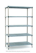 The MetroMax Q 5Q447G3 5-shelf plastic industrial unit, measuring 21 x 42 x 74, features a gray lattice design with adjustable shelves supported by four vertical posts. Note: Actual dimensions may vary.