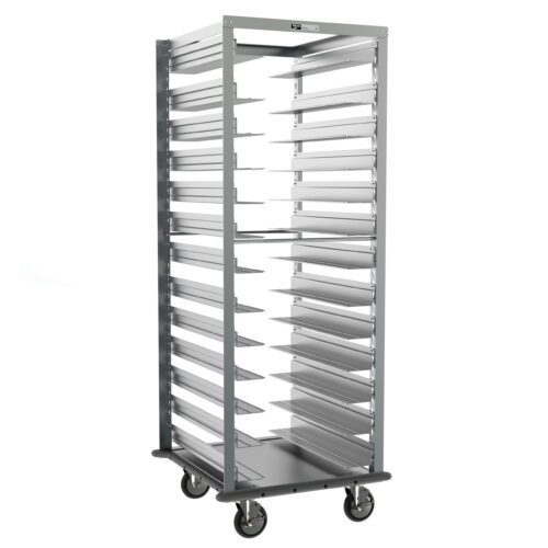 The Metro RD78NA33 Adjustable Pan Rack, measuring 26.375 x 28 x 69.5, features multiple slots for trays, a stainless steel frame with a gray bumper, and four wheels for mobility, blending industrial simplicity with functionality.