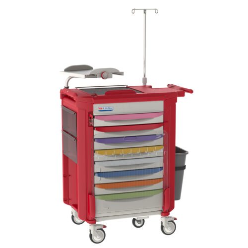 The Metro LECPEDS1-RD Lifeline Pediatric Crash Cart, Red, features color-coded drawers, multiple compartments, an IV pole, top defibrillator space, wheels for mobility, and a side waste bin for efficient use in emergencies.