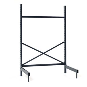 A black metal frame with a rectangular structure measures 22.5 x 28.25 x 76.375. It has adjustable shelf slots, a cross brace, and horizontal base supports, perfect for holding the Metro SM761824-KIT SmartLever Adjustable Cantilever Workstation Base Kit for 18 x 24 Metro Shelving.
