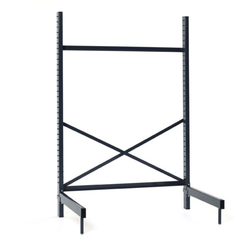 yerpjnrzwk70i7bfkeo4y8yiic9n6f96.jpg A black metal frame with a rectangular structure measures 22.5 x 28.25 x 76.375. It has adjustable shelf slots, a cross brace, and horizontal base supports, perfect for holding the Metro SM761824-KIT SmartLever Adjustable Cantilever Workstation Base Kit for 18 x 24 Metro Shelving.