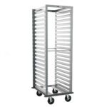The Metro RD13NA33A120 End-Load Pan Rack features 1.5 slide spacing, measures 23.25 x 28.5 x 69.75, and comes with a gray continuous bumper and pan stop for better control on its four wheels, designed to hold trays within its open rectangular structure.