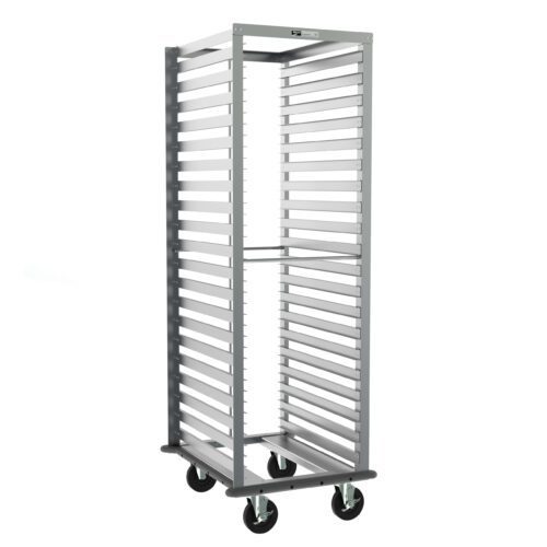 yewmxhmf6xntkcyet979me92ngx7gaqa.jpg The Metro RD13NA33A120 End-Load Pan Rack features 1.5 slide spacing, measures 23.25 x 28.5 x 69.75, and comes with a gray continuous bumper and pan stop for better control on its four wheels, designed to hold trays within its open rectangular structure.