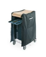 The Metro CBNTC-CC20 ESD Cart Cover elegantly drapes over shelves on a SmartTray PCB Handling Cart. A partially pulled-out shelf reveals pastries and fruit, while wheels provide effortless mobility and practicality.