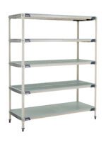 The MetroMax i 5X567HX3 5-shelf unit, with adjustable legs and a mix of grid and solid surfaces, features a sturdy frame and a durable plastic solid bottom shelf measuring 24 x 60 x 74.