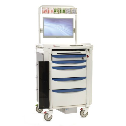 ygiww8pnnhpp225yl3yqlz1wozucfvvf.jpg The Metro FLXANES-KLIFE Flexline Anesthesia Cart, designed for hospital or clinical use, features blue and white drawers, a digital monitor on top, and compartments with medical supplies. Its mobile and efficient for quick access in fast-paced environments.