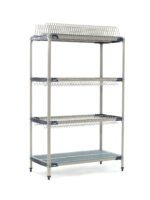 The MetroMax i PR48X3, a four-tier stationary drying rack, features two drop-ins, one tray rack, and one bulk shelf. Its freestanding design measures 24 x 48 x 74, with a solid metal base on the bottom tier and adjustable feet for balance. Perfect for versatile storage needs.